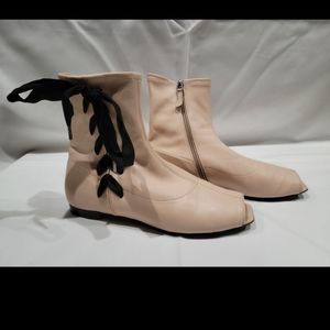 Emporio Armani soft glove leather open toe ankle boots flats beige black 40 9.5